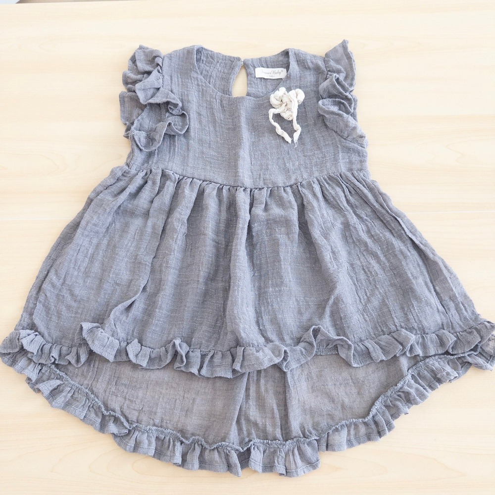 Forever Baby Girls Dress 4T Gray Cotton Ruffle Tiered Gauze Neutral Cottage